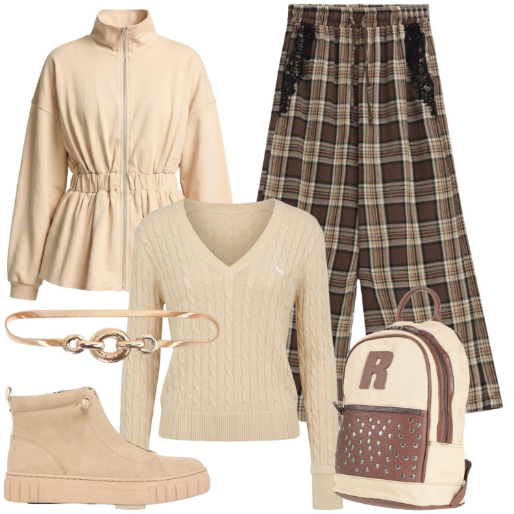 Outfit donna - Tempo libero. Stile Casual per Tutti i giorni. Abbinamento con pullovers, pantaloni a palazzo, felpe, cinture, zaini, sneakers alte.