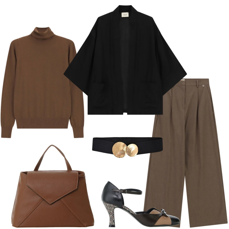 Outfit donna - Il mio venerdì in ufficio. Stile Casual chic per Ufficio. Abbinamento con cinture, borse a mano, pullovers, pantaloni a palazzo, blazer, décolleté.