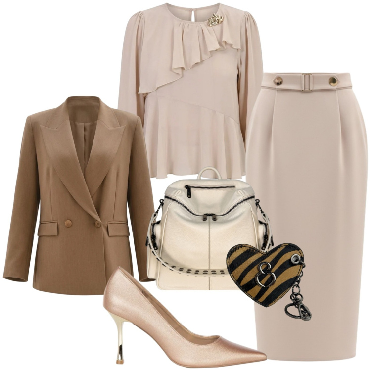 Outfit donna - Battesimo. Stile Chic per Cerimonia. Abbinamento con zaini, portachiavi, bluse, décolleté, gonne longuette, blazer.