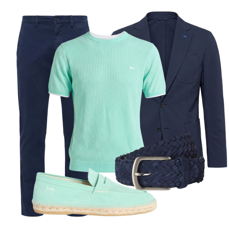 Outfit uomo - Completo con maglia Premium. Stile Trendy per Ufficio. Abbinamento con cinture, t-shirt, pantaloni chino, espadrillas, giacche.