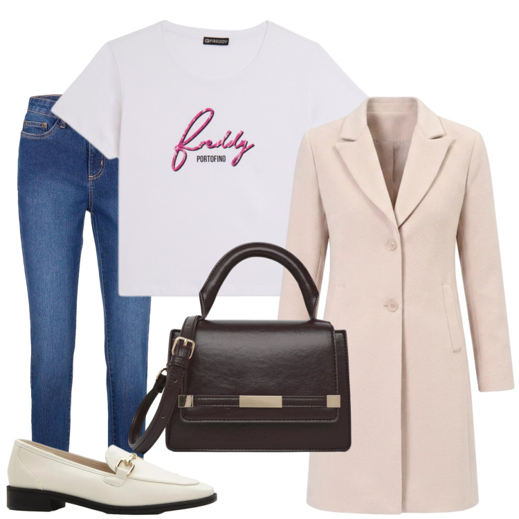 Outfit donna - Total look #2480832. Stile Casual chic per Tutti i giorni. Abbinamento con mocassini, jeans skinny, borse a tracolla, cappotti, t-shirt.