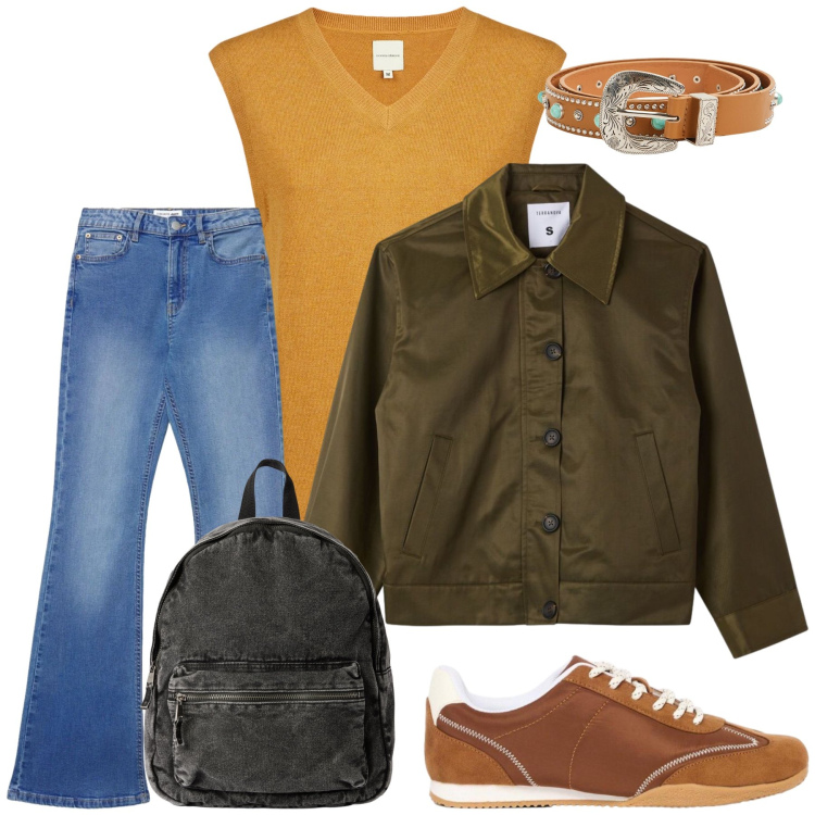 Outfit donna - Total look #2480835. Stile Glamour per Tutti i giorni. Abbinamento con sneakers, cinture, zaini, jeans a zampa, cappotti, maglieria.