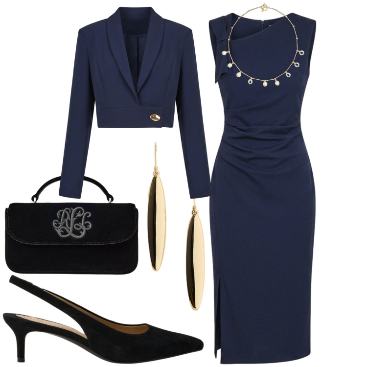 Outfit donna - Anniversario matrimonio. Stile Chic per Cerimonia. Abbinamento con décolleté, collane, orecchini, borse a mano, vestiti asimmetrici, blazer.