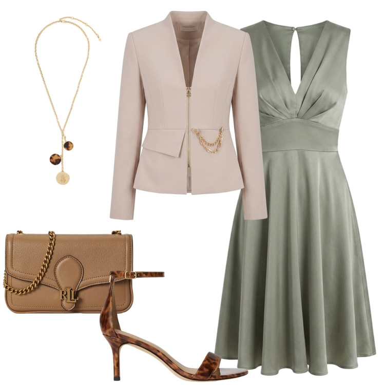 Outfit donna - Abito verde salvia. Stile Chic per Cerimonia. Abbinamento con sandali in pelle, collane, borse a tracolla, blazer, vestiti senza maniche.