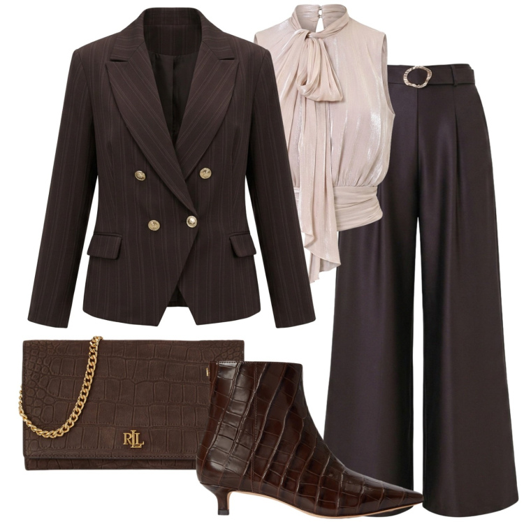Outfit donna - Blazer doppio petto. Stile Chic per Cerimonia. Abbinamento con borse a tracolla, stivaletti, top, pantaloni a palazzo, blazer.