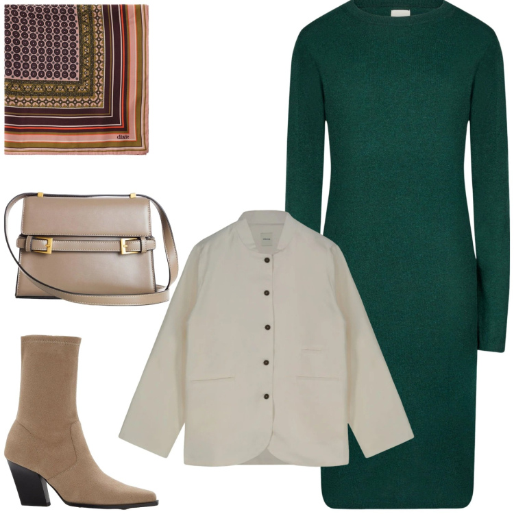 Outfit donna - Total look #2480857. Stile Chic per Ufficio. Abbinamento con stivaletti, borse a tracolla, foulard, vestiti midi/longuette, giacche.