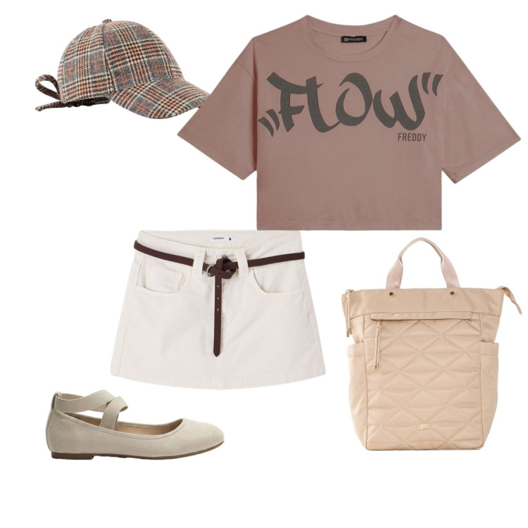 Outfit donna - Spring time. Stile Casual per Tutti i giorni. Abbinamento con t-shirt, minigonne, ballerine, cappelli con visiera, zaini.