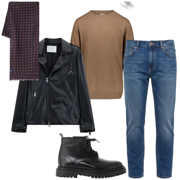 Outfit uomo - Total look #2480864. Stile Trendy per Serata speciale. Abbinamento con jeans, sciarpe, giacche, anfibi, pullovers.