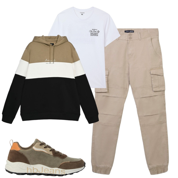 Outfit uomo - Total look #2480873. Stile Casual per Tutti i giorni. Abbinamento con sneakers, pantaloni cargo, felpe con cappuccio, t-shirt.
