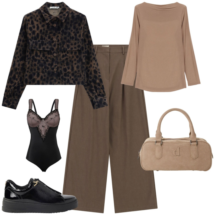 Outfit donna - Casual chic ufficio tempo libero. Stile Casual chic per Ufficio. Abbinamento con body, sneakers, cappotti, borse a mano, pantaloni a palazzo, t-shirt.
