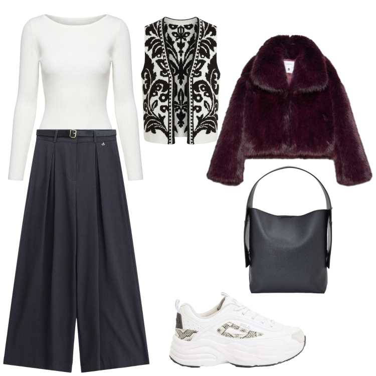 Outfit donna - Sneakers mania. Stile Sporty chic per Tutti i giorni. Abbinamento con sneakers, blazer, borse a spalla, t-shirt, gilet, pantaloni a palazzo.