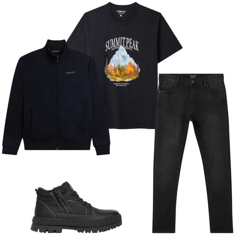 Outfit uomo - Total look #2480909. Stile Casual per Tutti i giorni. Abbinamento con felpe, jeans skinny, t-shirt, stivali e stivaletti.