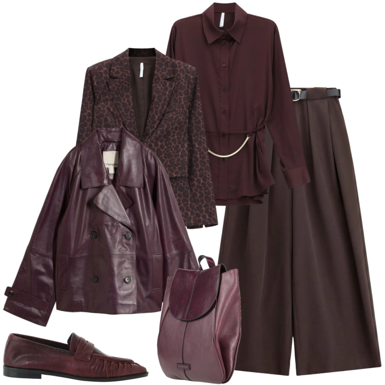 Outfit donna - Casual chic ufficio tempo libero. Stile Casual chic per Ufficio. Abbinamento con zaini, caban, blazer, pantaloni a palazzo, camicie, mocassini.