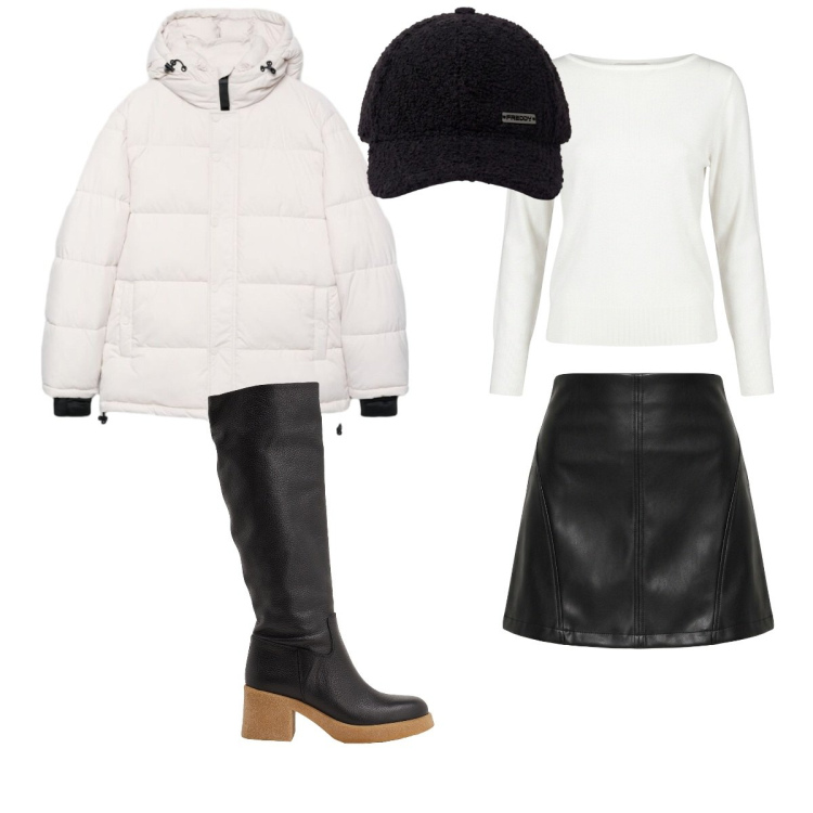 Outfit donna - Bomba d\'acqua. Stile Urban per Tutti i giorni. Abbinamento con stivali, piumini, maglieria, minigonne, cappelli con visiera.
