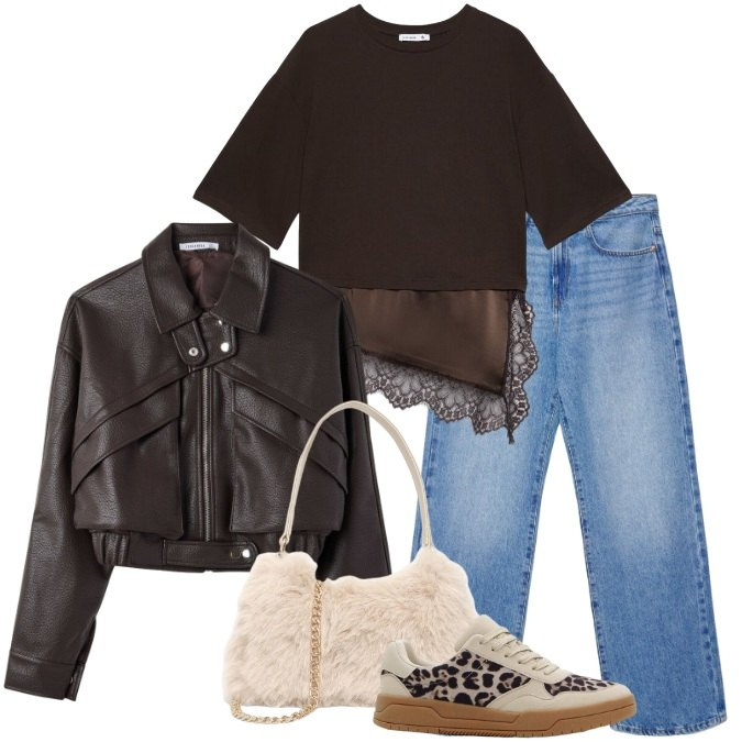 Outfit donna - Total look #2480921. Stile Urban per Scuola/Università. Abbinamento con sneakers, borse a spalla, jeans dritti, bomber, t-shirt.