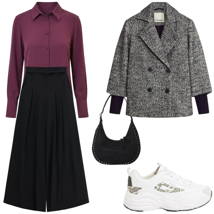 Outfit donna - Sneakers mania. Stile Sporty chic per Tutti i giorni. Abbinamento con sneakers, caban, camicie, pantaloni a palazzo, borse a spalla.