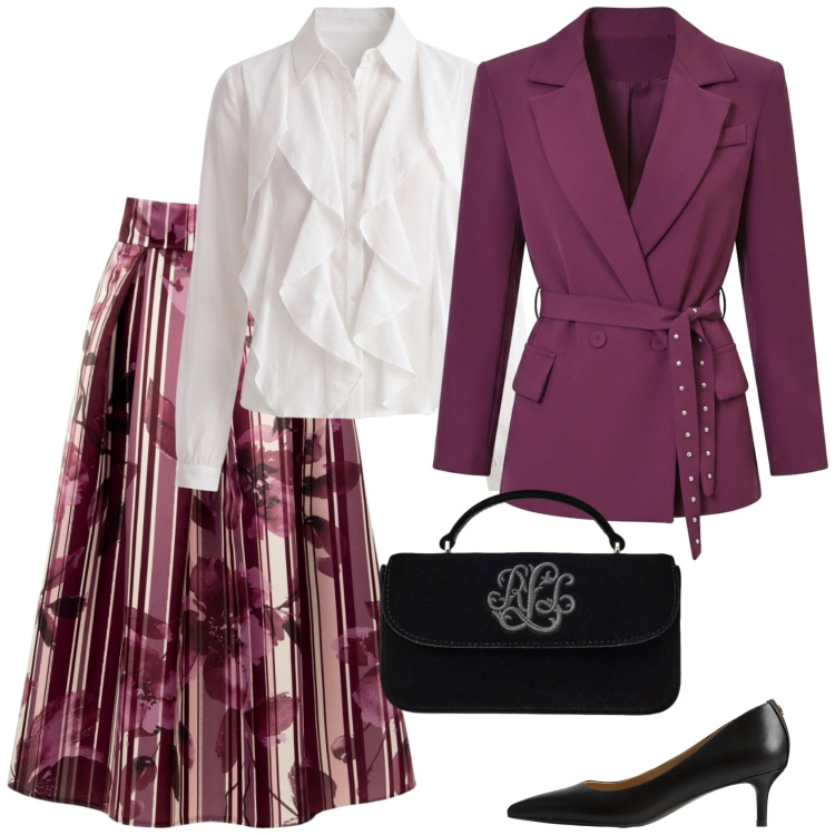 Outfit donna - Impeccabile. Stile Bon Ton per Cerimonia. Abbinamento con décolleté, borse a mano, blazer, gonne longuette, camicie.