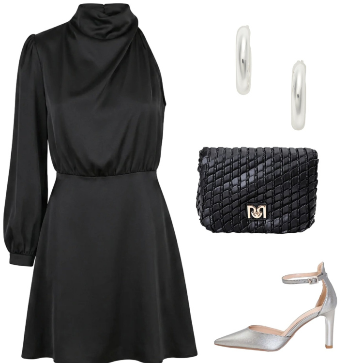 Outfit donna - Cerimonia. Stile Chic per Cerimonia. Abbinamento con orecchini, vestiti asimmetrici, décolleté, borse a tracolla.