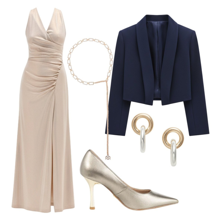 Outfit donna - Invito al matrimonio d’autunno. Stile Chic per Cerimonia. Abbinamento con vestiti lunghi, bolero, cinture, décolleté, orecchini.