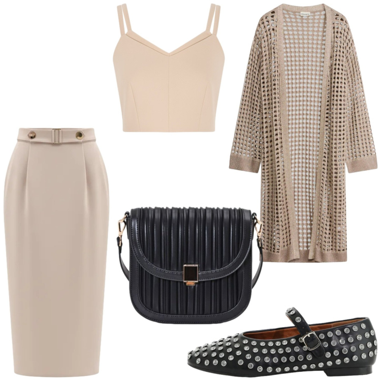 Outfit donna - Total look #2480939. Stile Romantica per Ufficio. Abbinamento con borse a tracolla, gonne longuette, top, ballerine, cardigans.