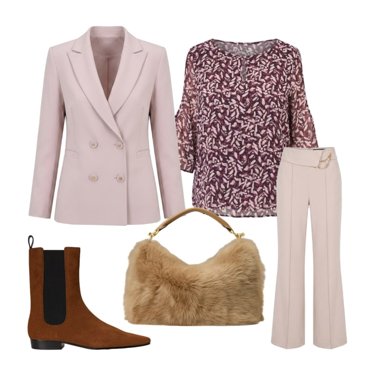 Outfit donna - Battesimo d’autunno. Stile Casual chic per Cerimonia. Abbinamento con blazer, pantaloni, bluse, stivaletti chelsea, borse a mano.