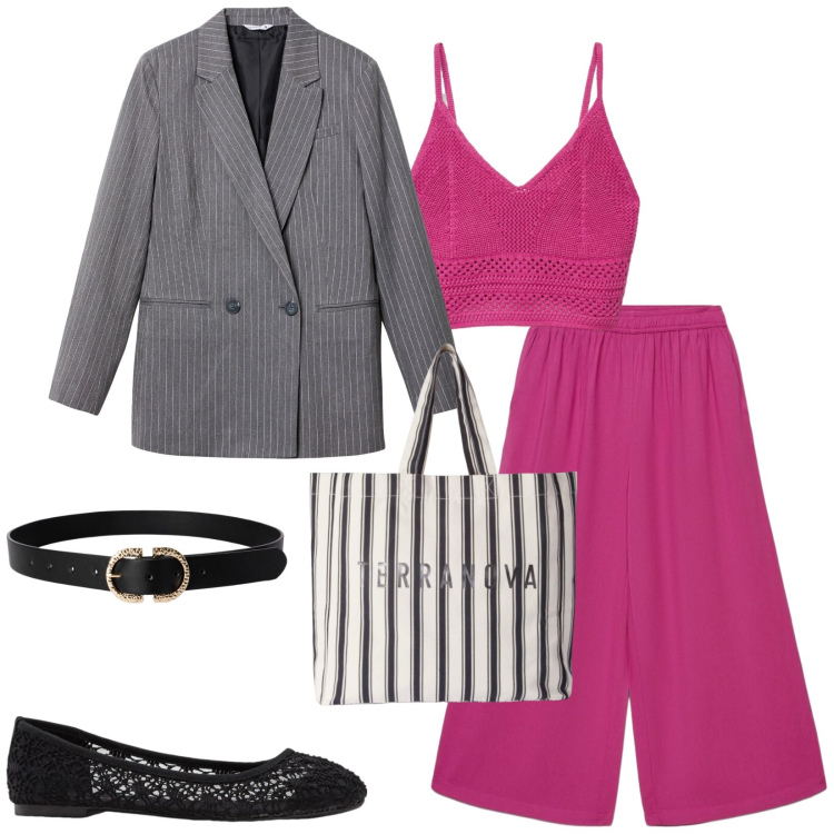 Outfit donna - Total look #2480947. Stile Casual chic per Tutti i giorni. Abbinamento con ballerine, cinture, blazer, top, pantaloni a palazzo, shopping bag.