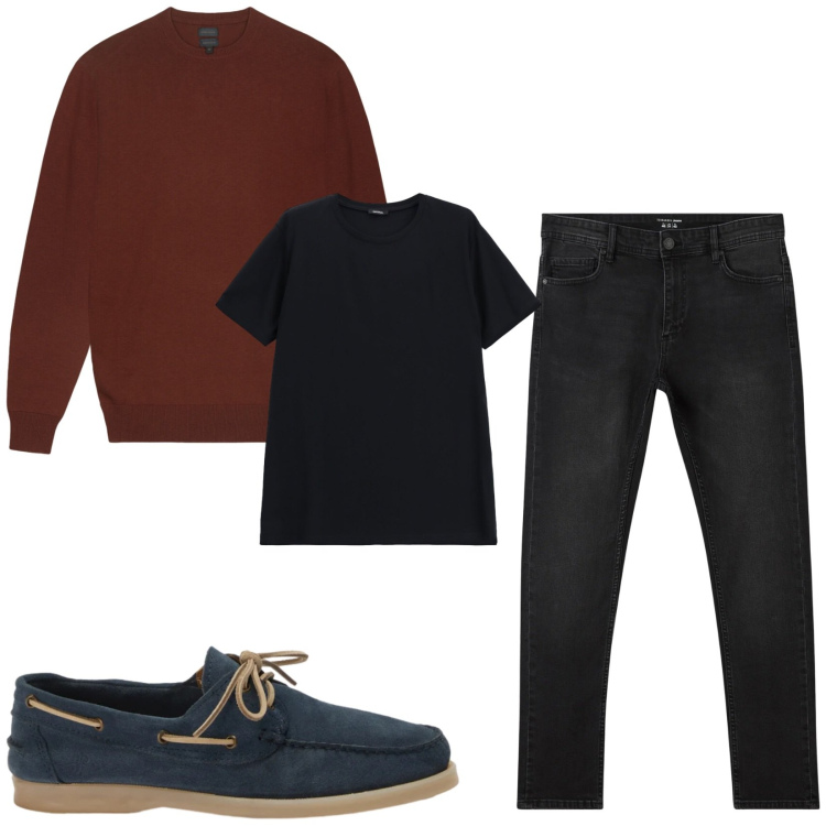 Outfit uomo - Total look #2480948. Stile Casual per Tutti i giorni. Abbinamento con scarpe stringate, t-shirt, maglieria, jeans skinny.