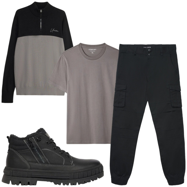 Outfit uomo - Total look #2480953. Stile Urban per Tutti i giorni. Abbinamento con pantaloni cargo, t-shirt, stivali e stivaletti, maglieria.
