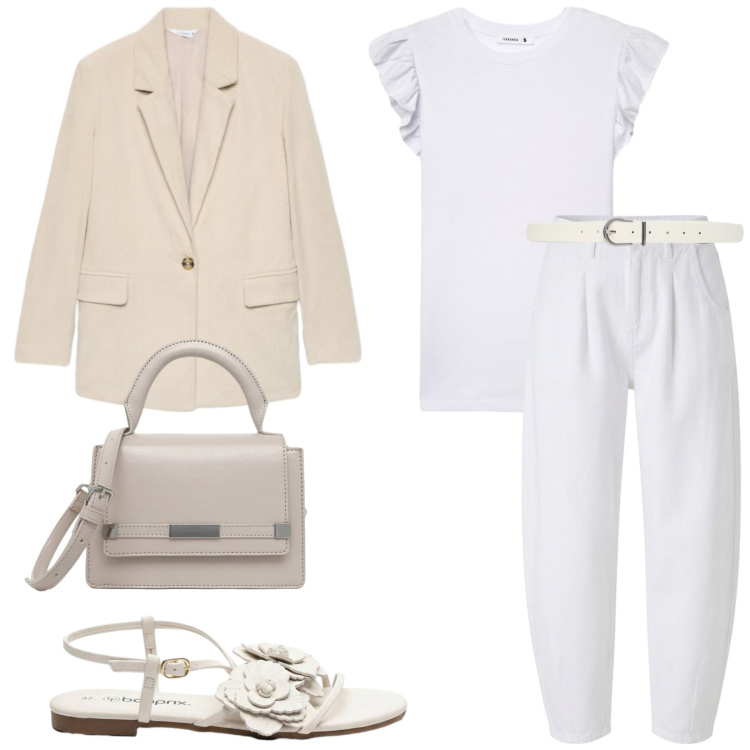 Outfit donna - Total look #2480956. Stile Casual chic per Tutti i giorni. Abbinamento con sandali, pantaloni, t-shirt, borse a tracolla, cinture, blazer.