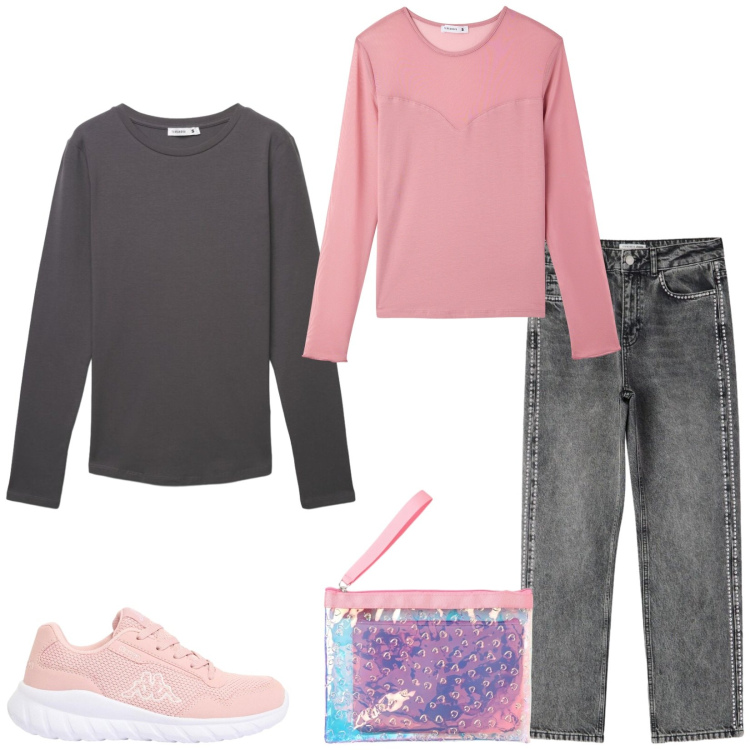 Outfit donna - Total look #2480959. Stile Casual per Tutti i giorni. Abbinamento con sneakers, t-shirt, pochette, jeans mom, t-shirt.