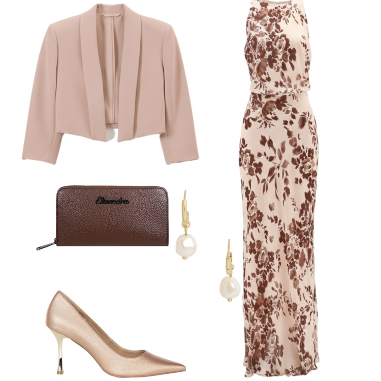Outfit donna - Matrimonio all’aperto. Stile Chic per Cerimonia. Abbinamento con vestiti lunghi, bolero, décolleté, orecchini, portafogli.