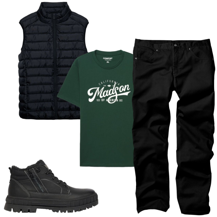 Outfit uomo - Total look #2480973. Stile Trendy per Tutti i giorni. Abbinamento con piumini, t-shirt, pantaloni, stivali e stivaletti.