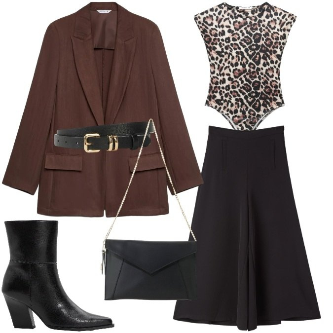 Outfit donna - Night Out Look - Urban Chic. Stile Urban per Serata fuori. Abbinamento con borse a tracolla, pantaloni, top, blazer, cinture, stivaletti.