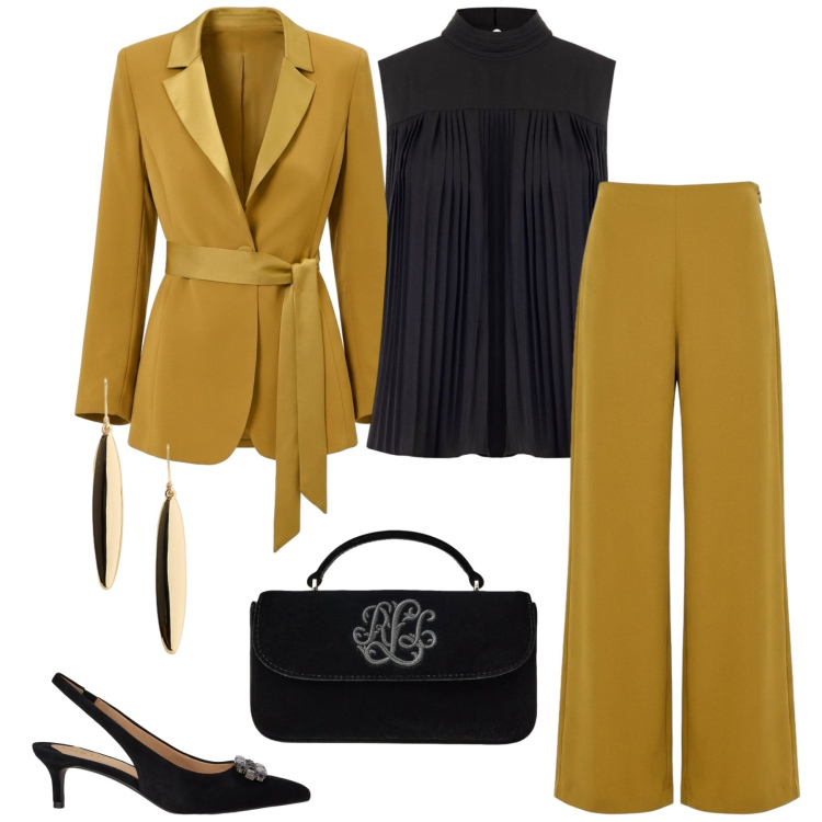 Outfit donna - Festa di laurea. Stile Chic per Cerimonia. Abbinamento con blazer, canottiere, pantaloni a palazzo, orecchini, décolleté, borse a mano.