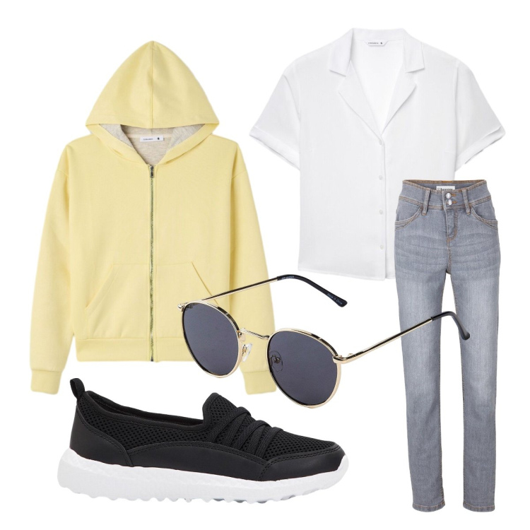 Outfit donna - La Felpa gialla. Stile Urban per Tutti i giorni. Abbinamento con sneakers, jeans slim fit, occhiali da sole, camicie a manica corta, felpe con cappuccio.