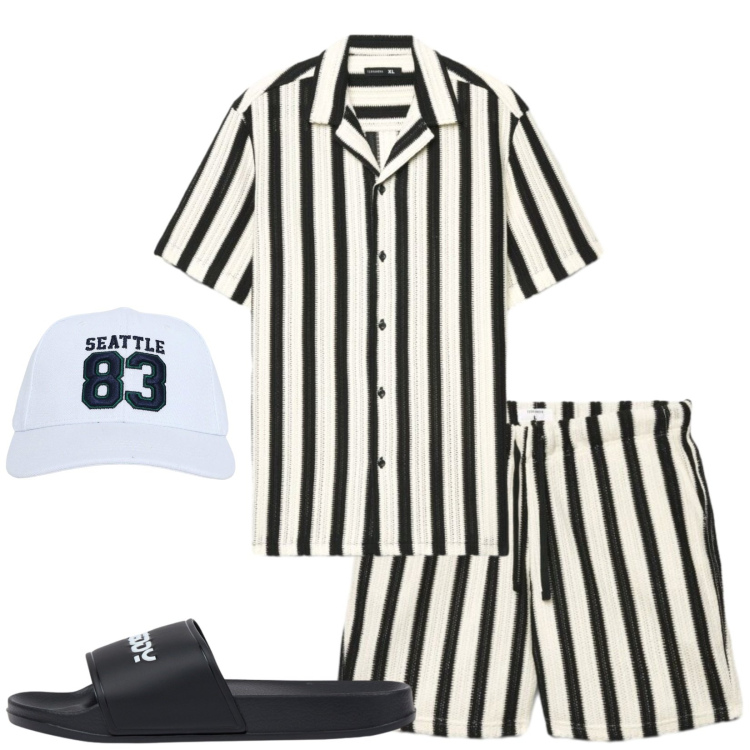 Outfit uomo - Total look #2480978. Stile Trendy per Tutti i giorni. Abbinamento con sandali, cappelli con visiera, camicie a manica corta, pantaloni corti.