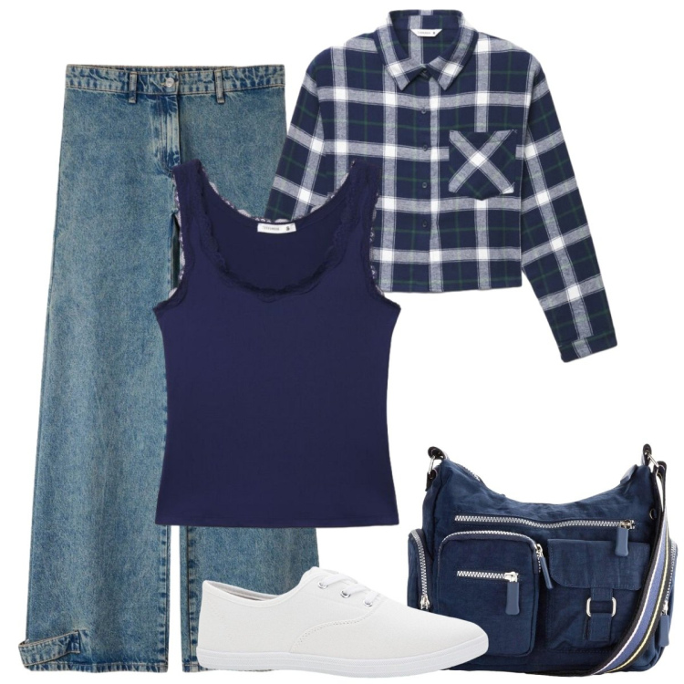 Outfit donna - La camicia quadrettata. Stile Basic per Tutti i giorni. Abbinamento con sneakers, borse a tracolla, jeans, top, camicie.