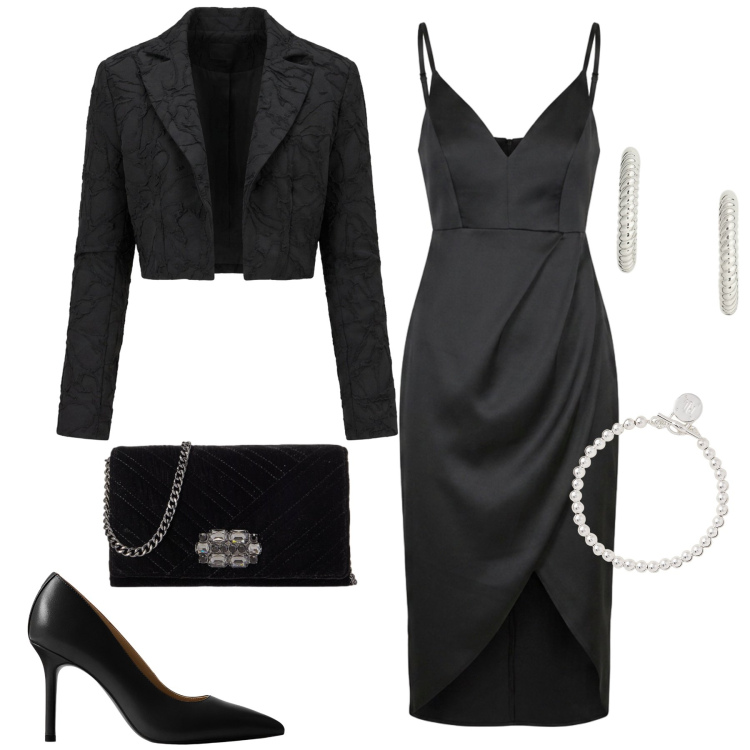 Outfit donna - Diciottesimo. Stile Sexy per Cerimonia. Abbinamento con vestiti asimmetrici, blazer, braccialetti, décolleté, orecchini, borse a tracolla.