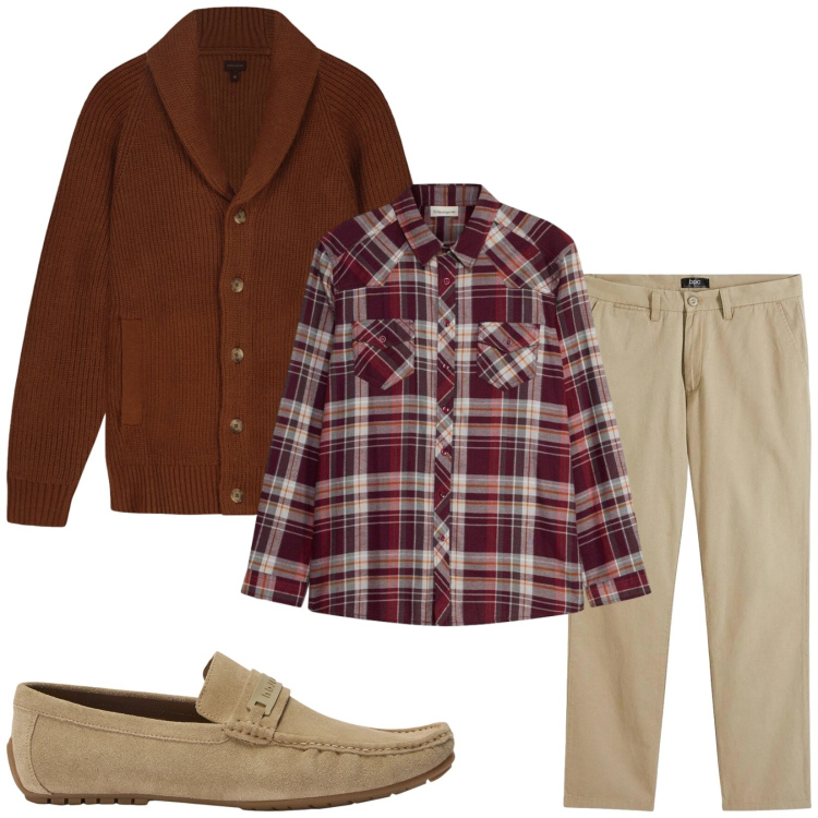 Outfit uomo - Total look #2480995. Stile Trendy per Tutti i giorni. Abbinamento con scarpe stringate, cardigans, pantaloni chino, camicie.