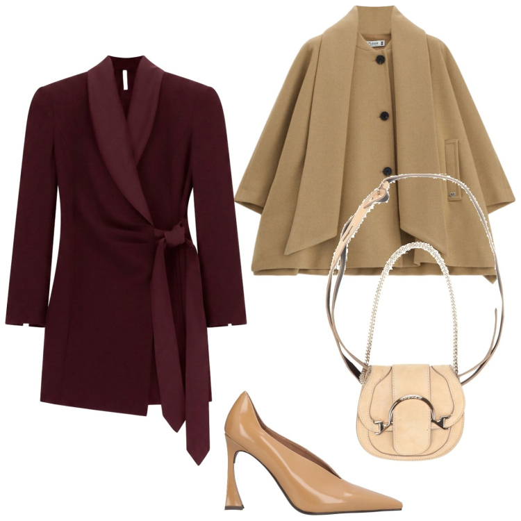 Outfit donna - Giacca con sciarpa. Stile Glamour per Tutti i giorni. Abbinamento con vestiti corti, cappotti, décolleté, marsupi.