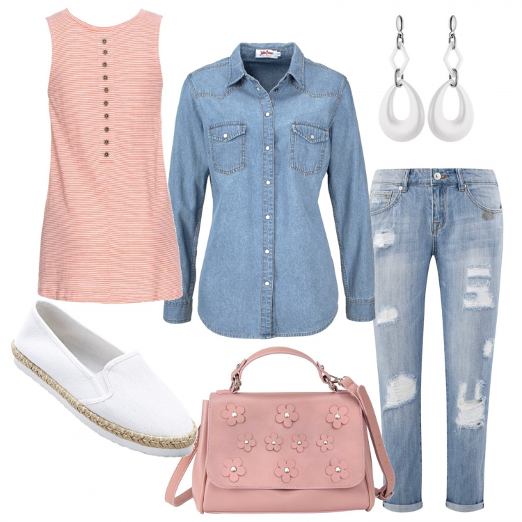 Outfit donna - Trendy #6611. Stile Trendy per Tutti i giorni. Abbinamento con camicie, top con bottoni arancione, espadrillas, vestiti midi/longuette, jeans boyfriend effetto strappato aderente blu, orecchini.
