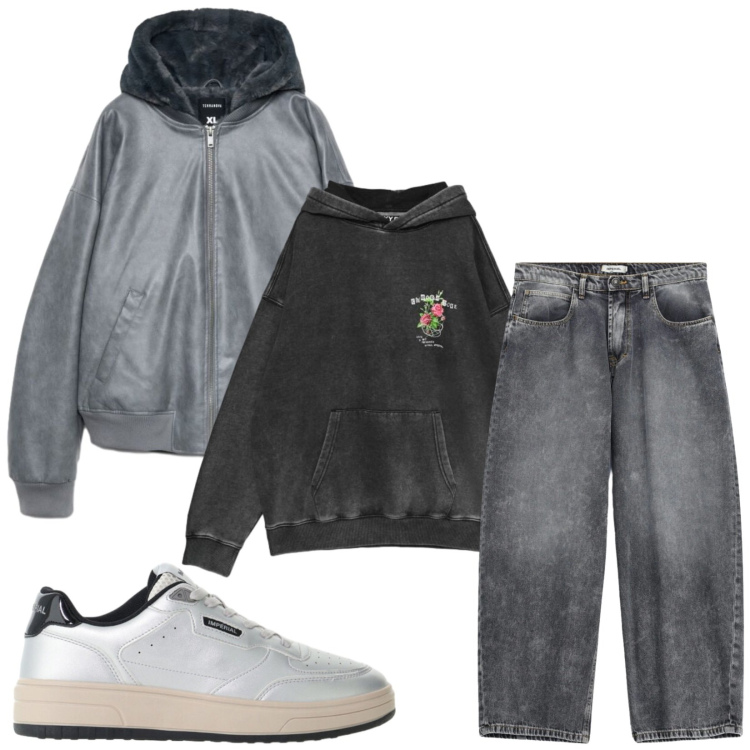 Outfit uomo - Total look #2481027. Stile Urban per Tutti i giorni. Abbinamento con jeans, sneakers, bomber, felpe con cappuccio.