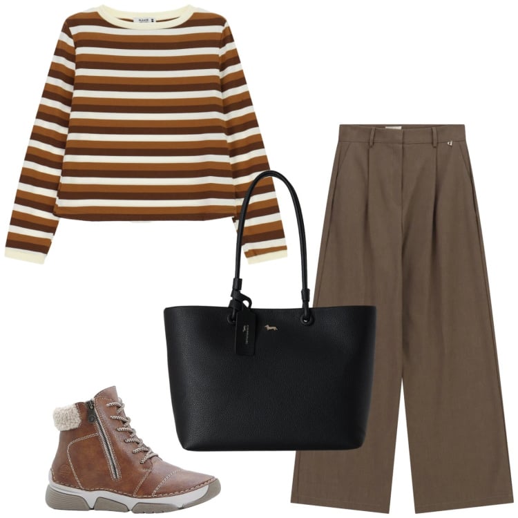 Outfit donna - Total look #2481028. Stile Casual chic per Tutti i giorni. Abbinamento con stivaletti, shopping bag, t-shirt, pantaloni a palazzo.