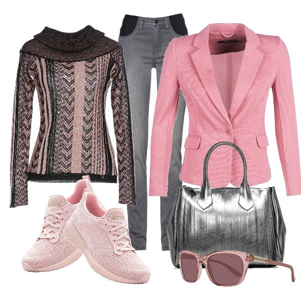 Outfit donna - Benvenuta primavera!. Stile Trendy Abbinamento con jeans, sneakers, maglioncino senza tasche fantasia lavorato a maglia collo a dolcevita a maniche lunghe, giacca rosa, occhiali da sole rosa, borsa a mano con frange e zip oro.