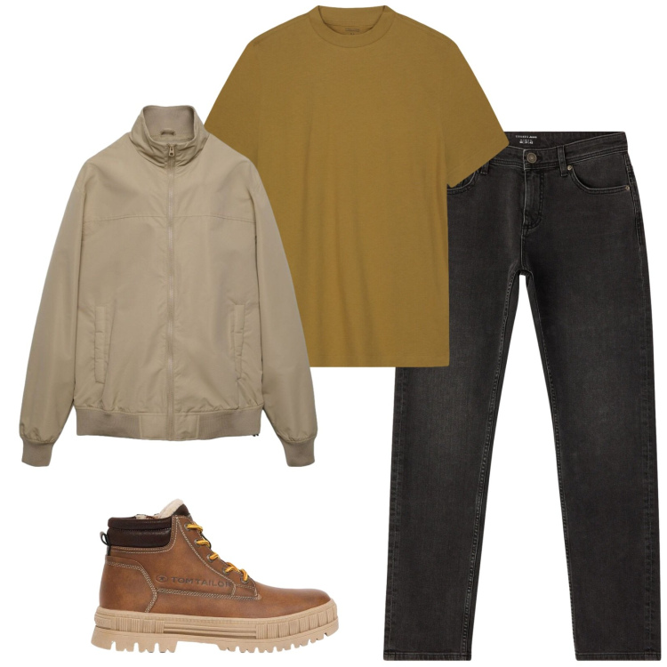 Outfit uomo - Total look #2481034. Stile Casual per Tutti i giorni. Abbinamento con t-shirt, jeans, bomber, stivali e stivaletti.