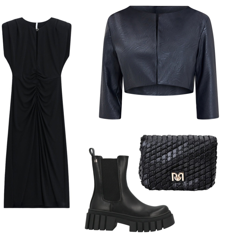 Outfit donna - Dark. Stile Rock per Serata fuori. Abbinamento con stivaletti, bolero, borse a tracolla, vestiti midi/longuette.