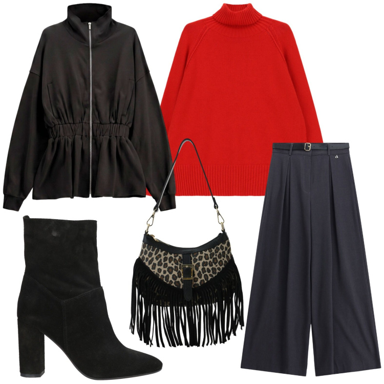 Outfit donna - Stivaletti grintosi. Stile Basic per Tutti i giorni. Abbinamento con stivaletti, pullovers, borse a spalla, felpe, pantaloni a palazzo.