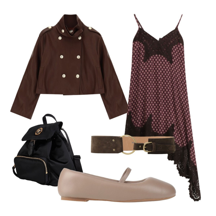 Outfit donna - Autunno bon ton. Stile Bon Ton per Tutti i giorni. Abbinamento con zaini, ballerine, cinture, blazer, vestiti asimmetrici.