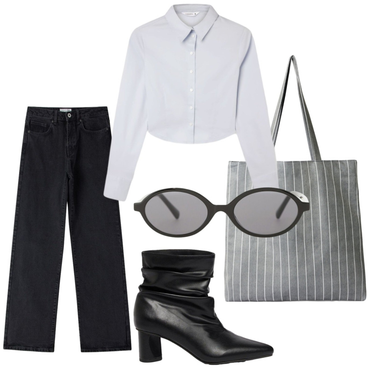 Outfit donna - Shopping bag a righe. Stile Casual per Tutti i giorni. Abbinamento con stivaletti, camicie, shopping bag, jeans dritti, occhiali da sole.