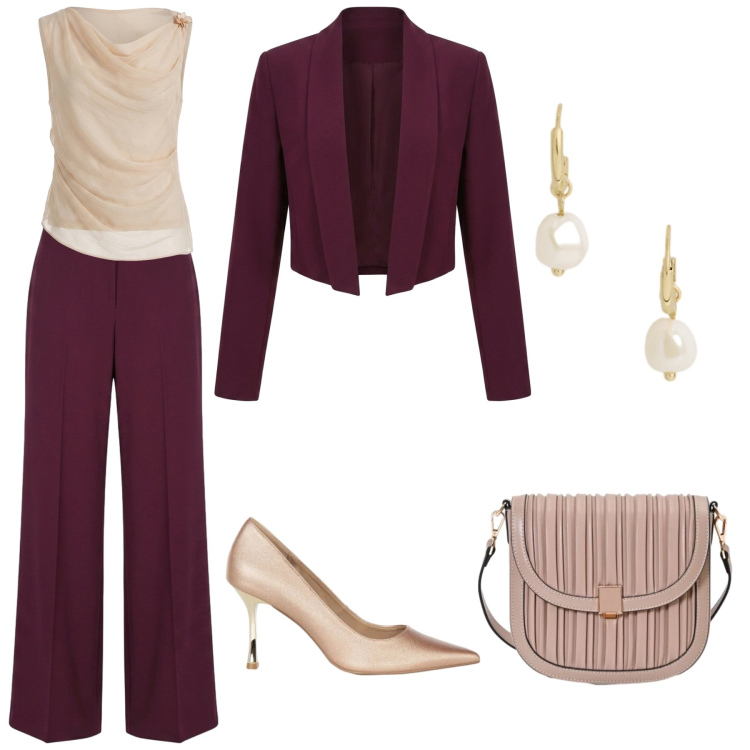Outfit donna - Cerimonia ad autunno. Stile Casual chic per Cerimonia. Abbinamento con orecchini, borse a tracolla, décolleté, blazer, pantaloni a palazzo, top.